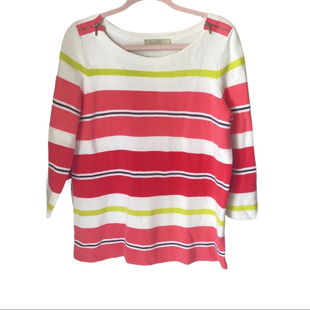 LOFT Top Pink‎ Stripe Knit Sweater 3/4 Sleeve Large